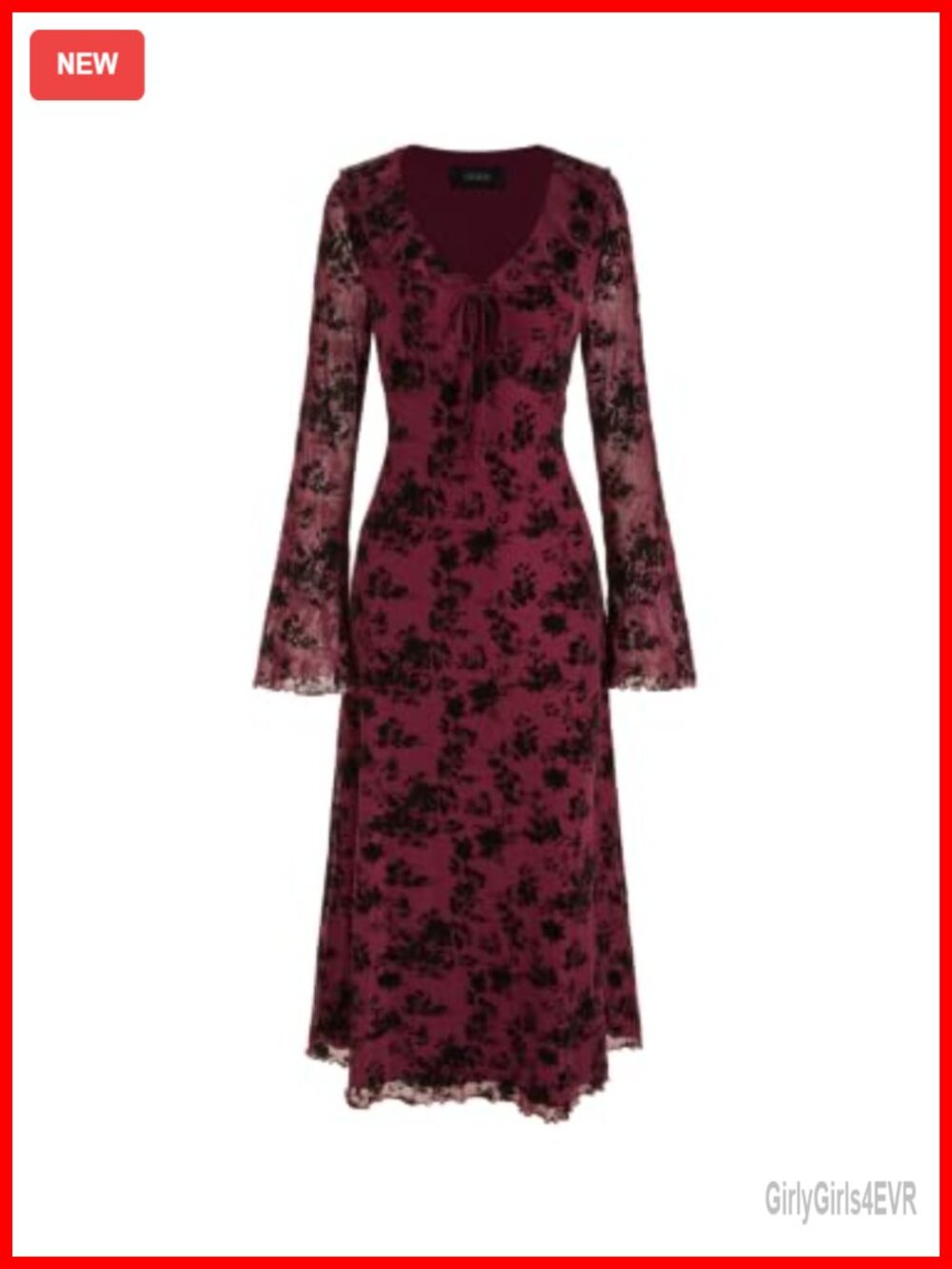 Floral Mesh Long Sleeve V-Neck Ruffle Maxi Wedding Guest Dress